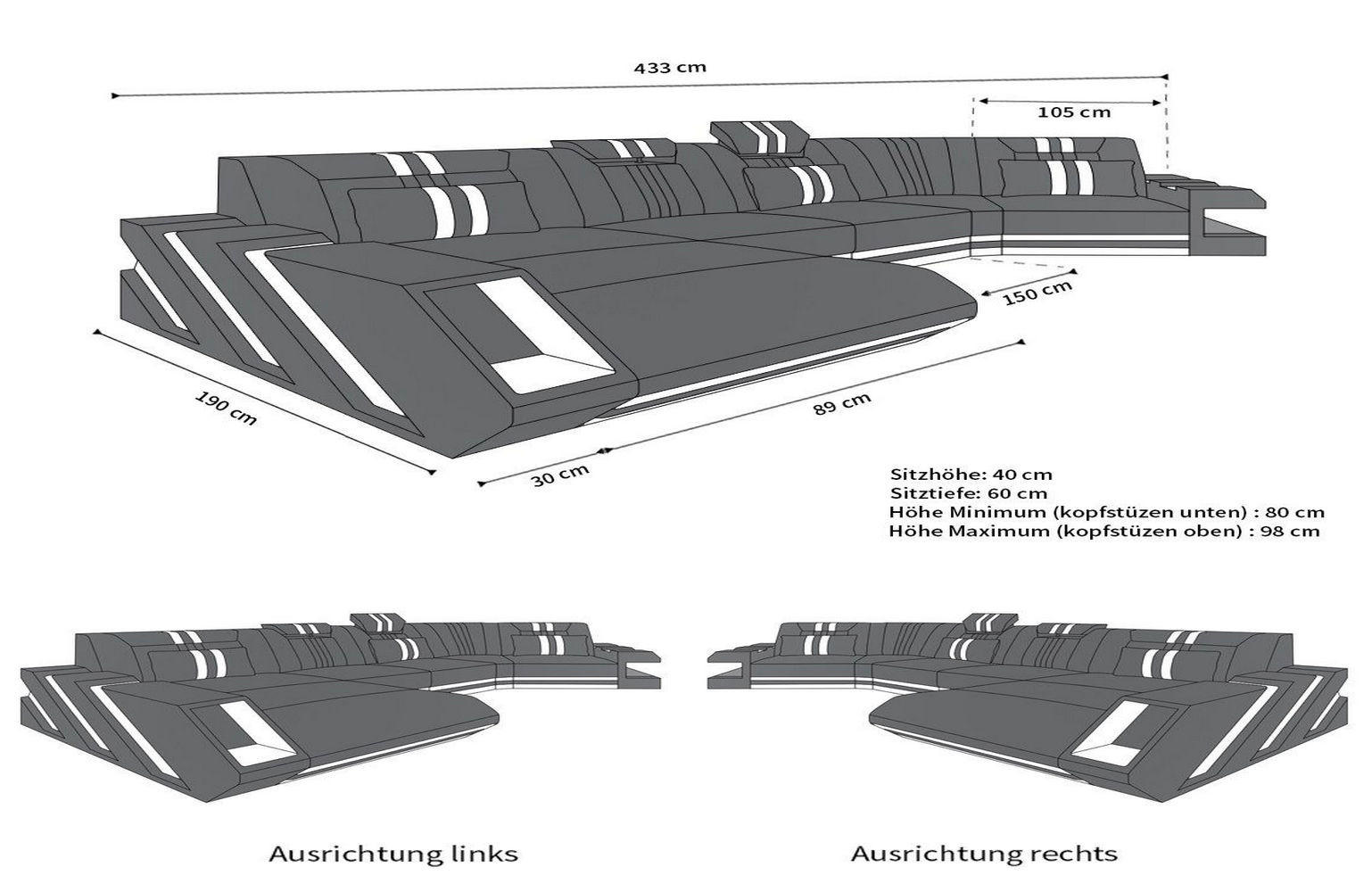 Thumbnail - Sofa Dreams Wohnlandschaft, Schwarz, Weiß, Leder, Ottomane rechts,Freiform, 420x78x190 cm, Wohnzimmer, Sofas & Couches, ...