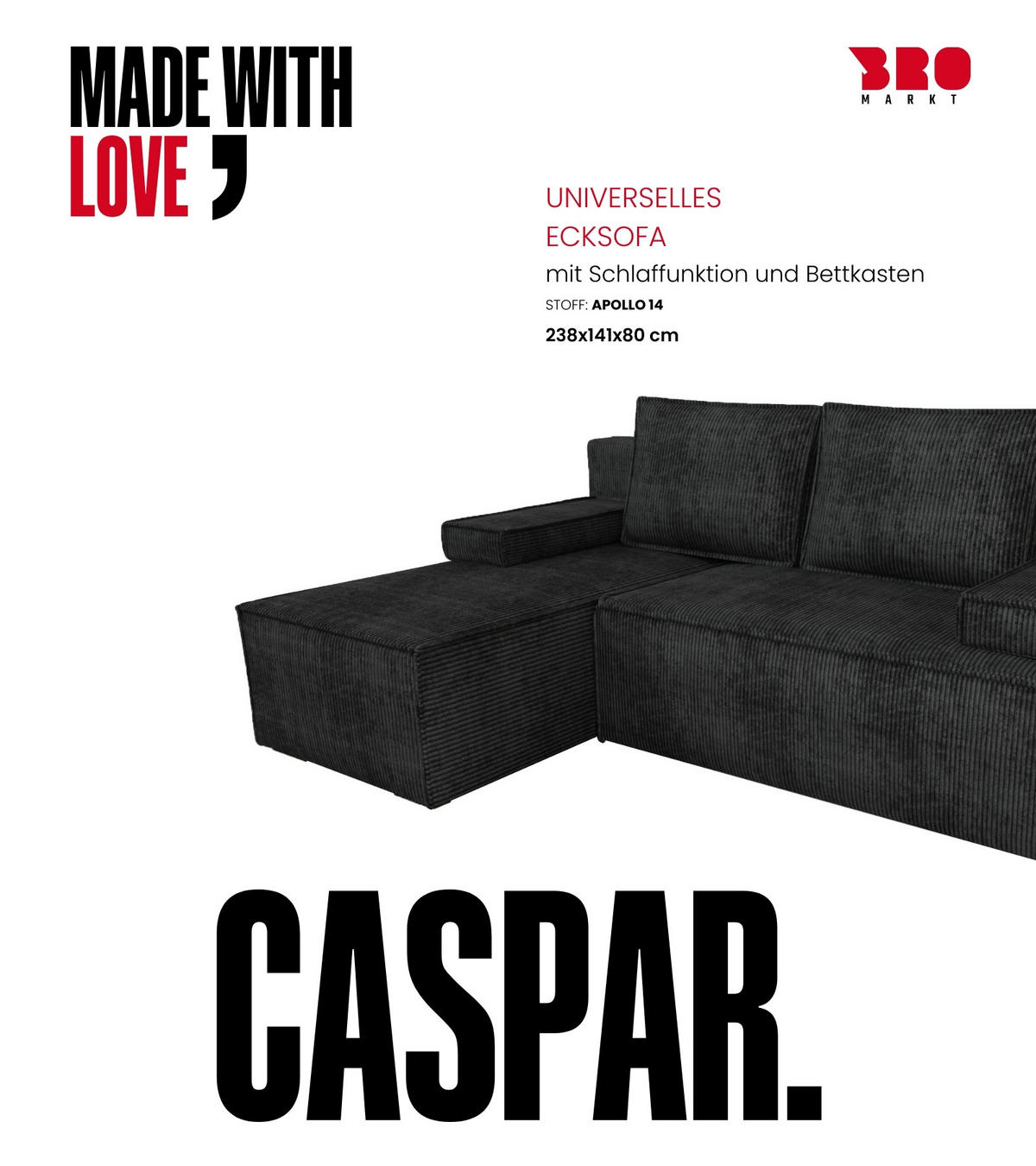 ECKSOFA Caspar mit Schlaffunktion Schwarz Cord - Schwarz, Textil (200/141cm) - Bromarkt