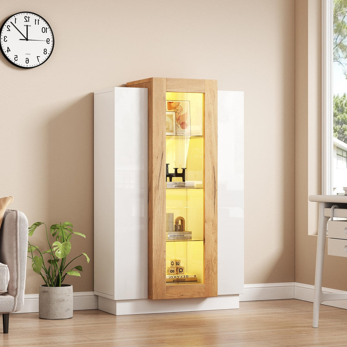 VITRINE 74/40/120 cm aus Spanplatte mit LED-Beleuchtung und Acrylfront Weiß/Natur - Weiß, Holzwerkstoff (74/120/40cm) - Modenvie