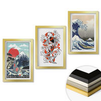 WANDBILDER 3er Set - 20x30 cm Goldrahmen - Berge von Fischen Große Welle Japan - Goldfarben, Kunststoff (20/30cm) - ArtPrintCave