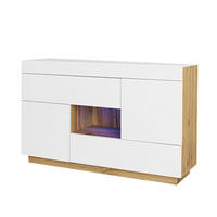 SIDEBOARD mit 2 Schubladen, Türen und offenem Fach, Hochglanz mit Holzoptik, integrierter 16-Farben-LED-Streifen, Spanplatte, 120/37/76,5 cm, Weiß - Weiß, Holzwerkstoff (120/37/76.5cm) - Redom