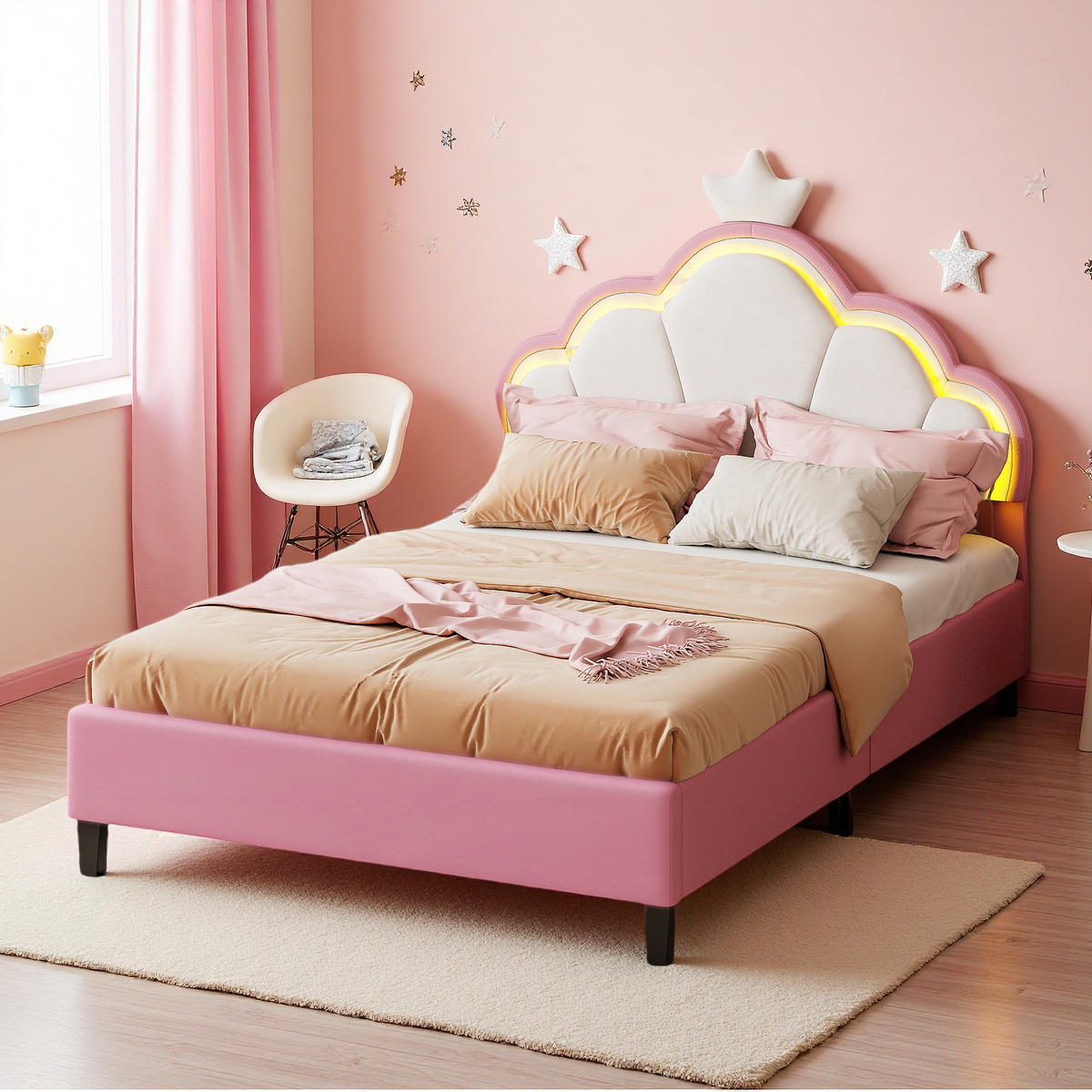 KINDERBETT 90x200 cm Krone LED Lattenrost rosa - Rosa, Holz (90/200cm) - LEBENLANG