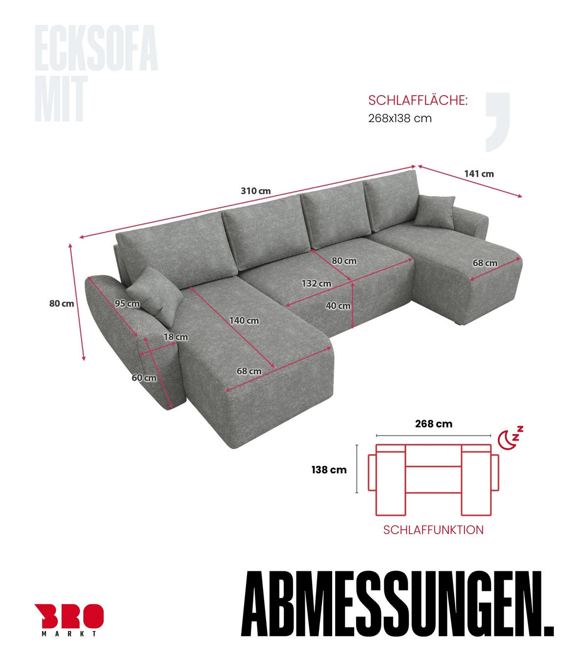 WOHLANDSCHAFT Rotterdam U mit Schlaffunktion Grau Bouclé - Grau, Textil (310/80/141cm) - Bromarkt