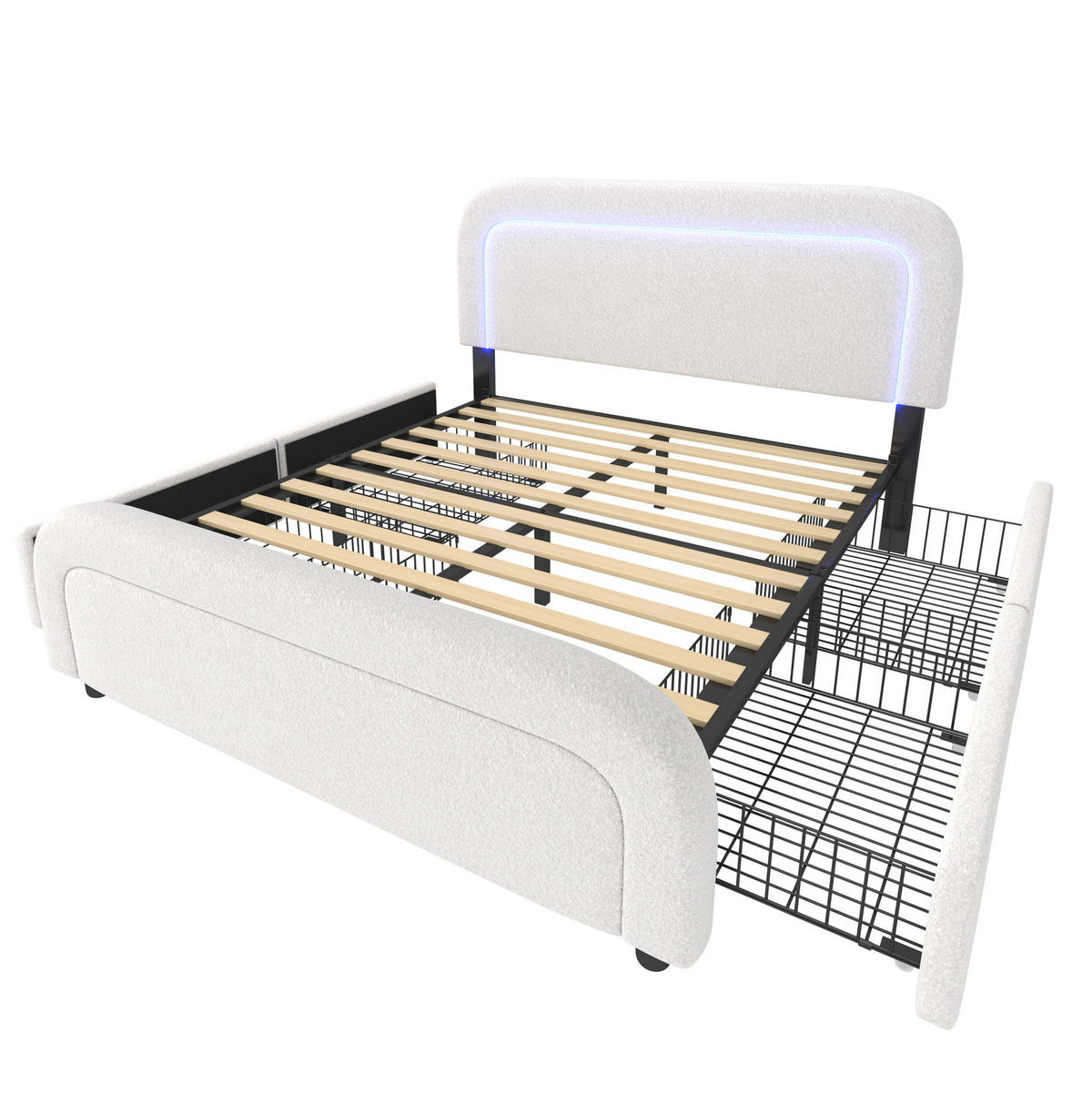 BETT mit 4 Schubladen, USB-C und LED 160x200 cm Sherpa Weiß mit Matratze - Weiß, Metall (160/200cm) - Beauniv