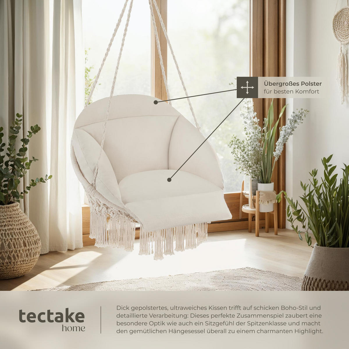 HÄNGESESSEL Samira,80 x 81 x 139 cm,beige - Beige, Kunststoff (80/139/81cm) - tectake