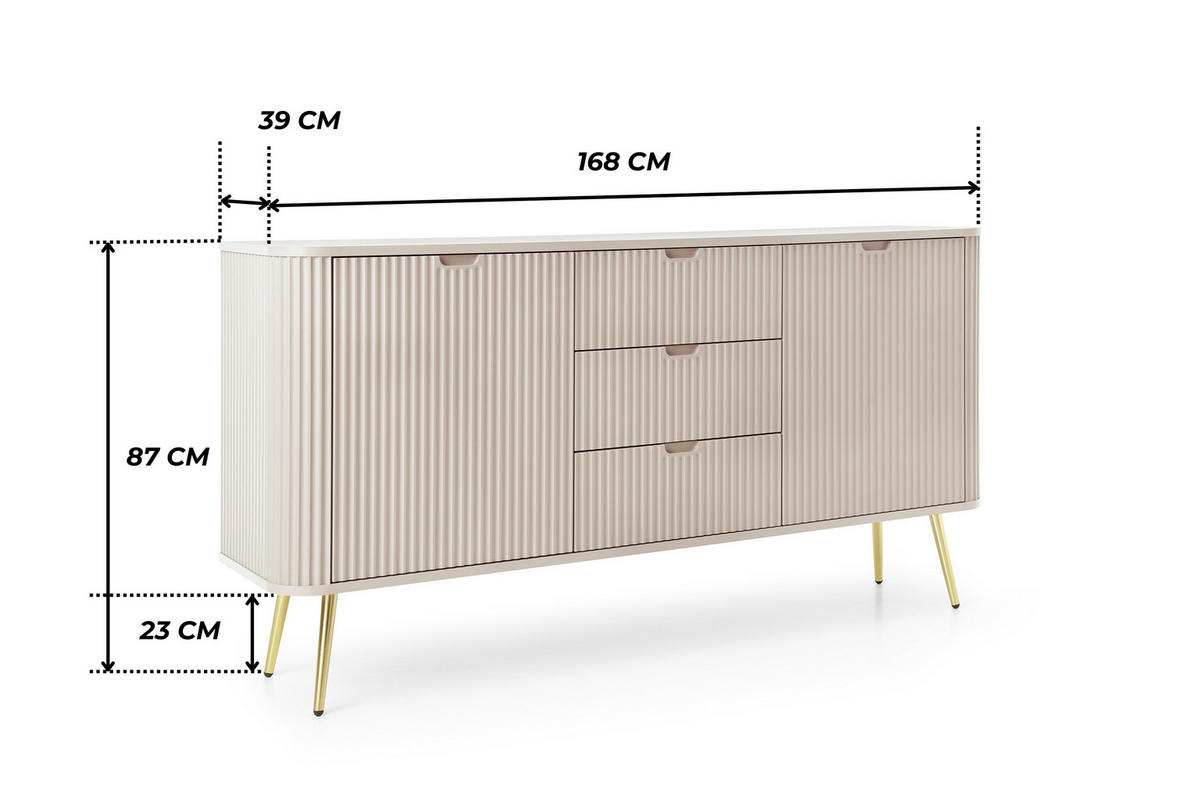 KOMMODE PORTO (Oval, Rillenfront, Cashmere Matt, Goldene Füße) - Kaschmir/Goldfarben, Holz/Holzwerkstoff (168/87/39cm) - Ravio