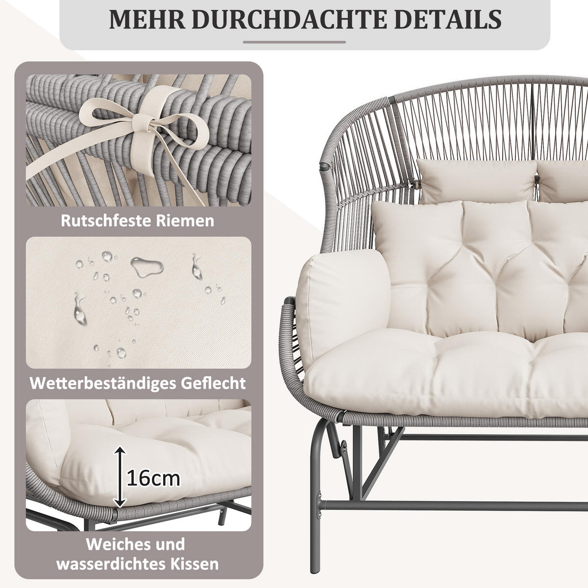 HÄNGESESSEL 2 Personen Grau Für Garten Balkon Terrasse - Grau, Metall (85/143/145cm) - FLIEKS