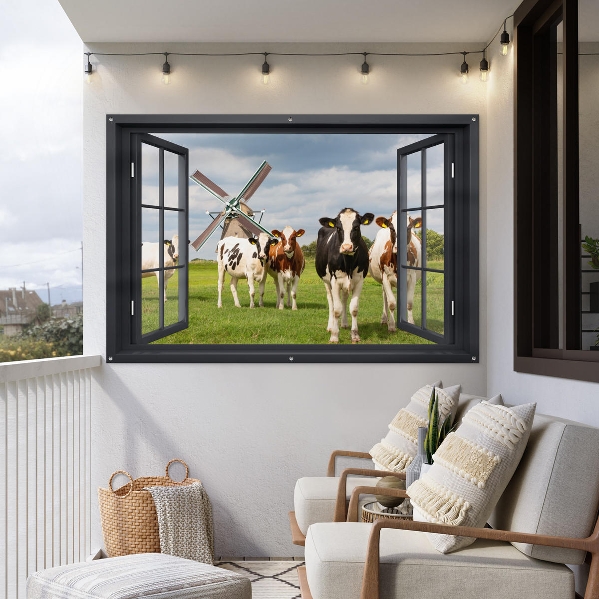 ZAHRADNÍ PLAKÁT Pohled - Kráva - Mlýn - Krávy - Louka - Tráva - Zelená 180x120 cm - antracitová, plast (180/120/0.2cm) - OnlyWow
