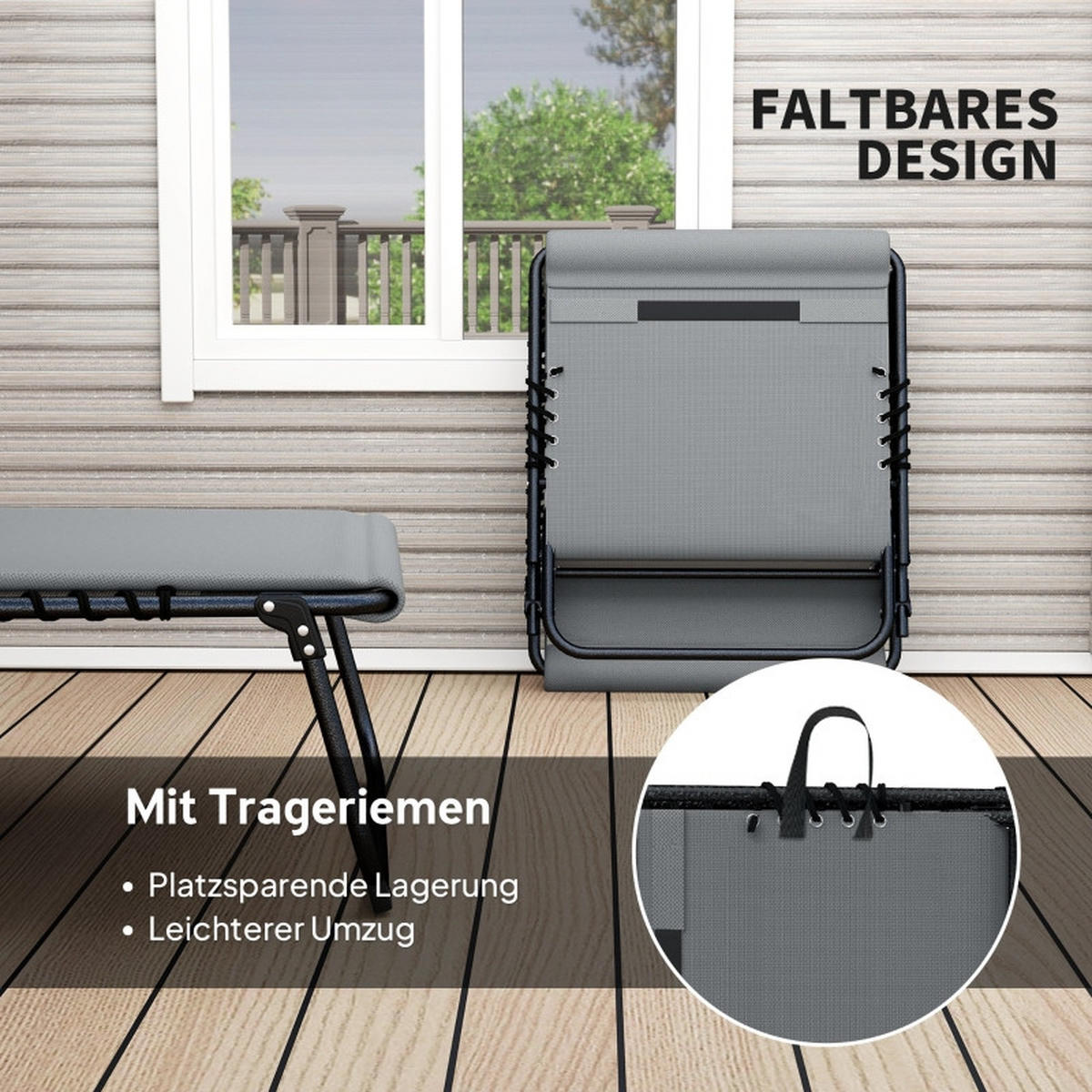 LIEGESTUHL 2er Set klappbar Kopfkissen Seitentasche - Grau, Metall (68/189cm) - Kaket