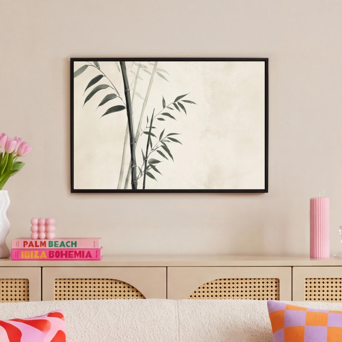 LEINWAND Bilder mit Rahmen - Japandi - Bambus - Beige - 60x40 - Eukalyptusholzfarben, Textil (60/40cm) - MuchoWow