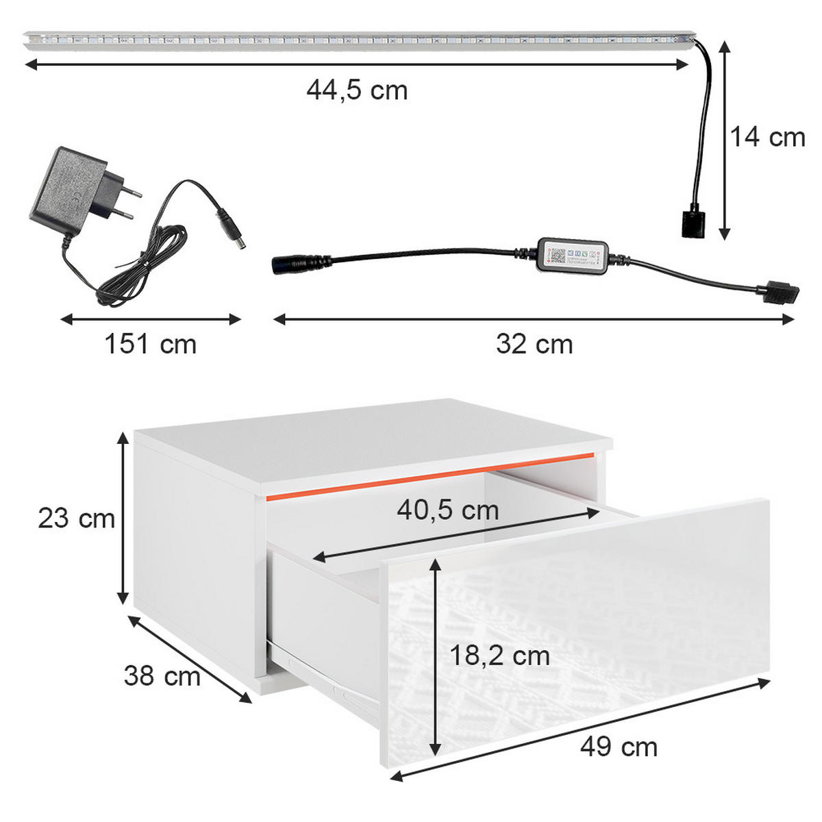 NACHTTISCH Samira Weiß 49 x 23 cm Mit LED Beleuchtung - Weiß, Holzwerkstoff (49/23/38cm) - Vicco
