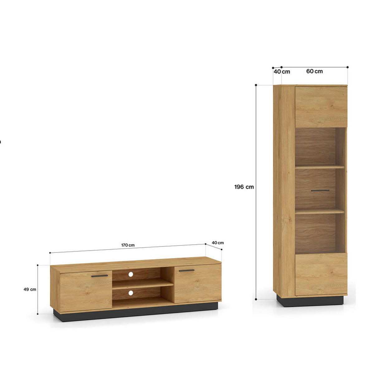 WOHNZIMMER-SET Modesto Eiche Style hell / schwarz 2-teilig - Hellbraun/Eichefarben, Holz/Holzwerkstoff (230/196/40cm) - Feldmann-Wohnen
