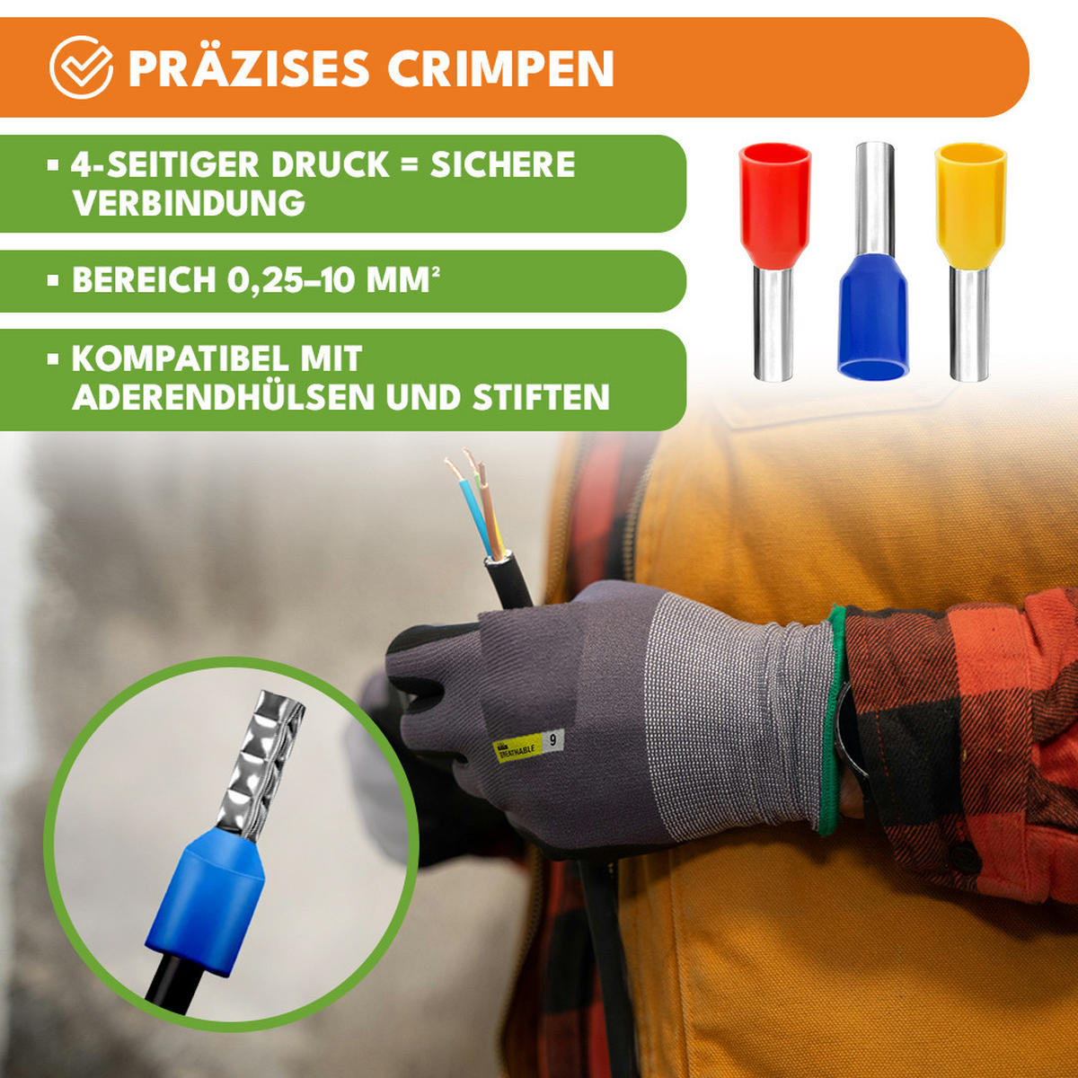 CRIMPZANGE 0,25-10 mm² mit 1800 Aderendhülsen - Schwarz, Metall (10/10/10cm) - KRUMAD