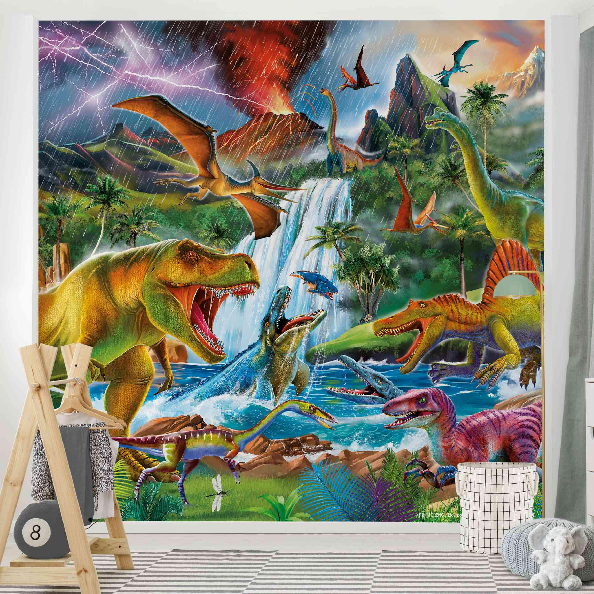 FOTOTAPETE Dinosaurier im Urzeitgewitter 240/240 cm - Multicolor, Papier (240/240cm) - Bilderwelten