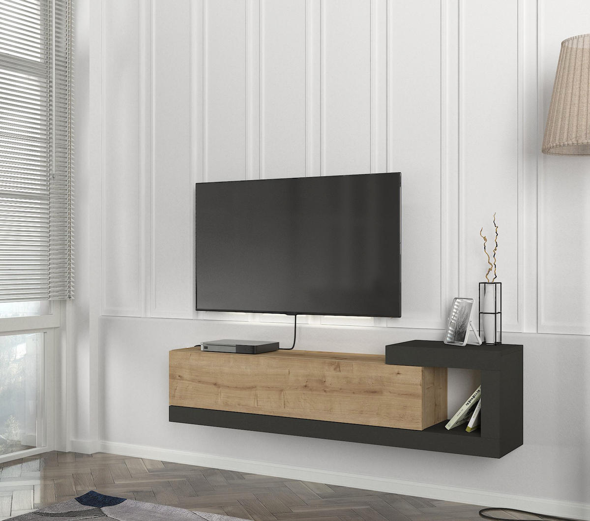 MOEBEL17 TV Lowboard 150 cm – Modernes Lowboard TV Schrank – TV Board Wohnzimmer – Fernsehtisch – TV Möbel Sideboard Modern – Modell Bliss - Anthrazit/Braun, Holzwerkstoff (150/37/30cm) - moebel17