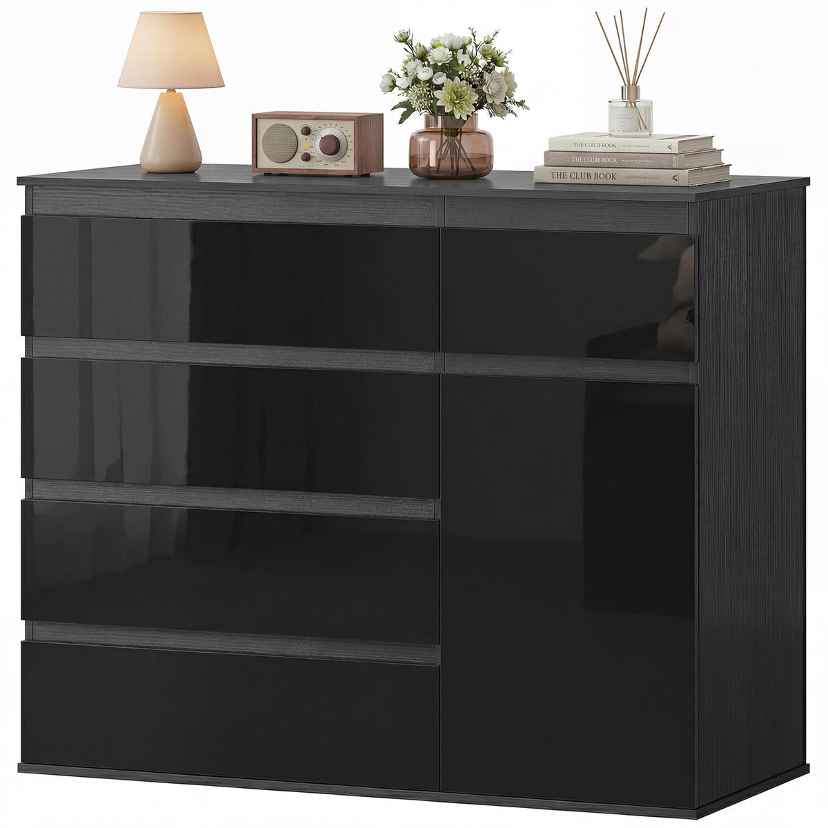 SIDEBOARD DE-09094 mit 5 Schubladen, Schwarz Hochglanz - Schwarz, Holzwerkstoff (100/80/40cm) - ComfortXL