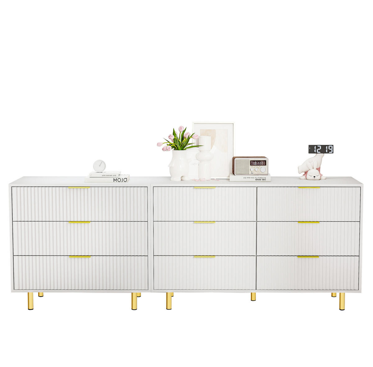 KOMMODEN-SIDEBOARD 200/40/72 cm mit 9 Schubladen in Weiß und Gold - Weiß, Holzwerkstoff (200/72/40cm) - BEAOK