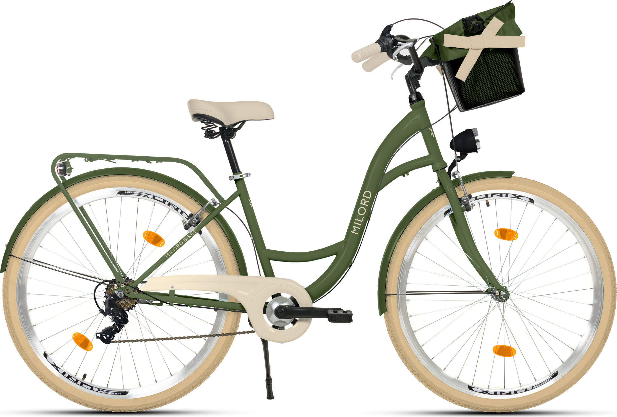CITY-FAHRRAD Milord mit Metallkorb, 28 Zoll, Khaki, 1-Gang - Grün, Metall (46cm) - Milordbikes