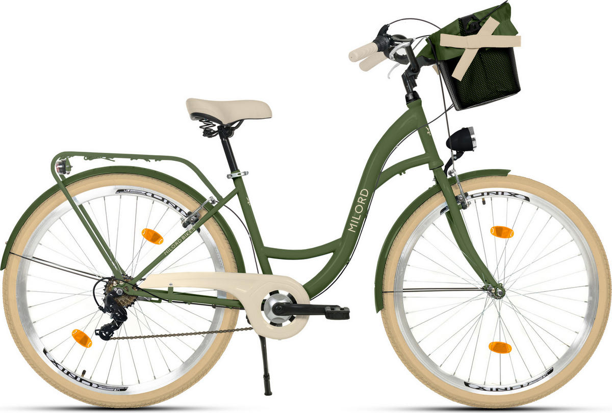 CITY-FAHRRAD Milord mit Metallkorb, 28 Zoll, Khaki, 1-Gang - Grün, Metall (46cm) - Milordbikes