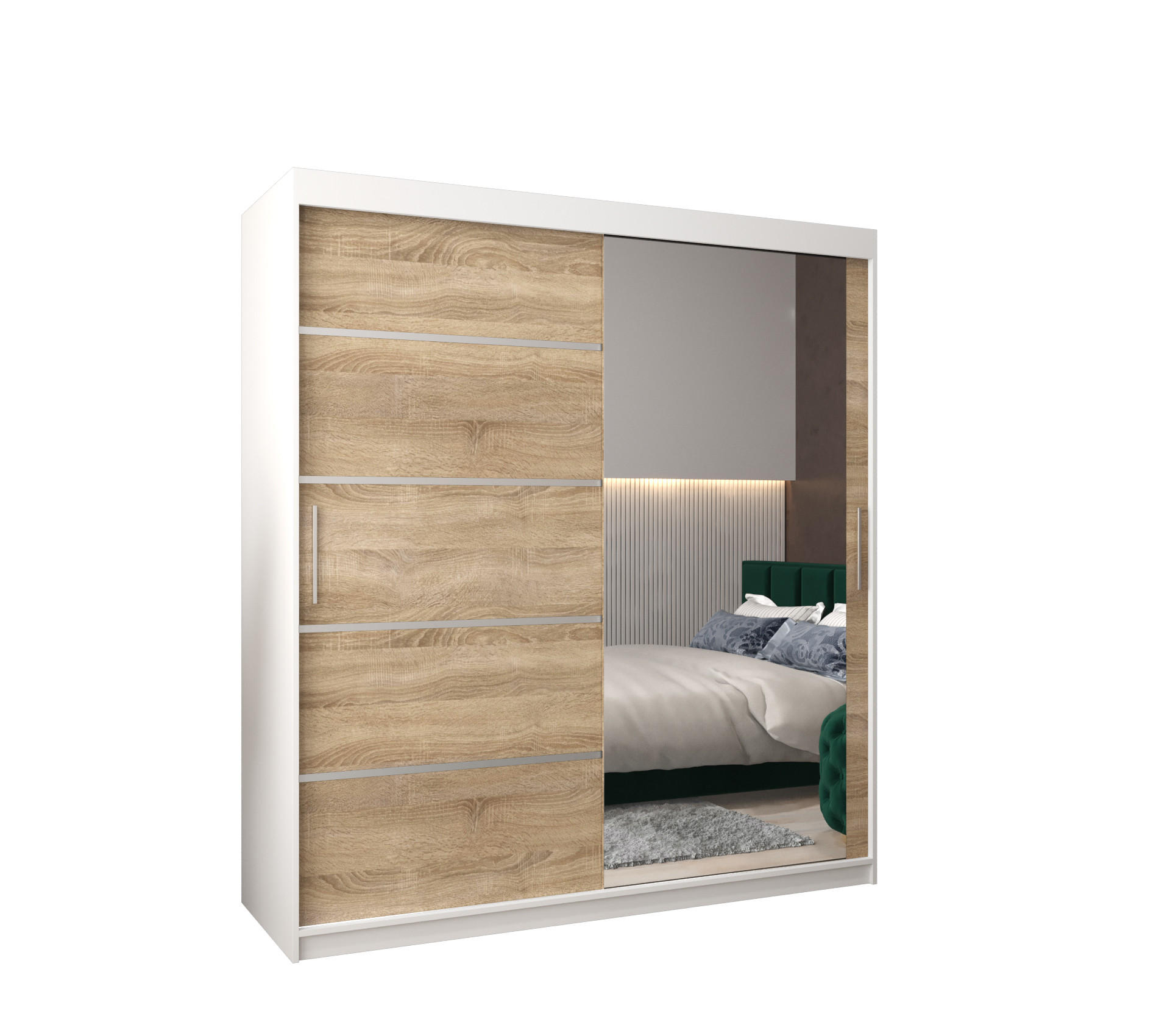 Möbel Kryspol Schwebetürenschrank Weiß, Sonoma Eiche, Silber 180x200x62 cm