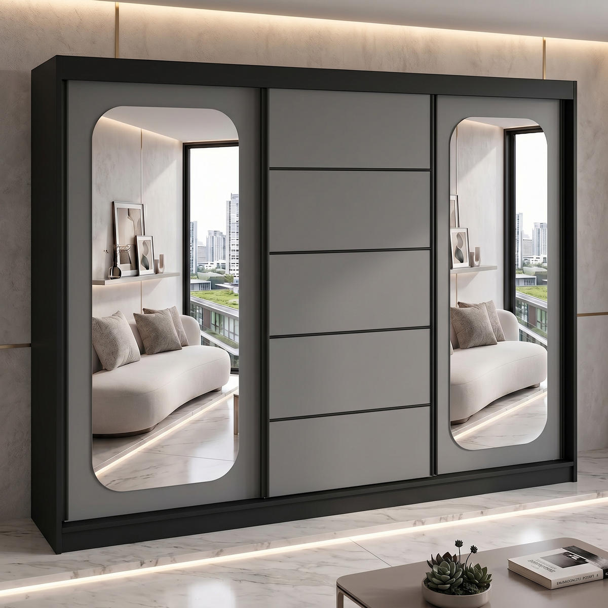 SCHWEBETÜRENSCHRANK BELANO 200 cm. Innenausstattung: Comfort plus - Schwarz/Graphitfarben, Holzwerkstoff (200/215/59.5cm) - A&J MöbelLand