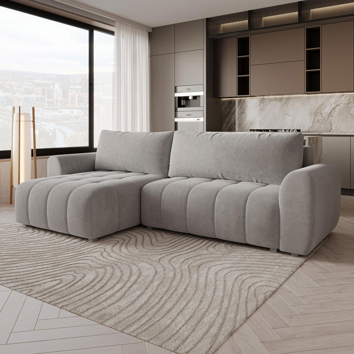 ECKSOFA MODARO CL Hellgrau Samtstoff mit Schlaffunktion - Hellgrau, Holzwerkstoff/Textil (285/148cm) - MASSENO