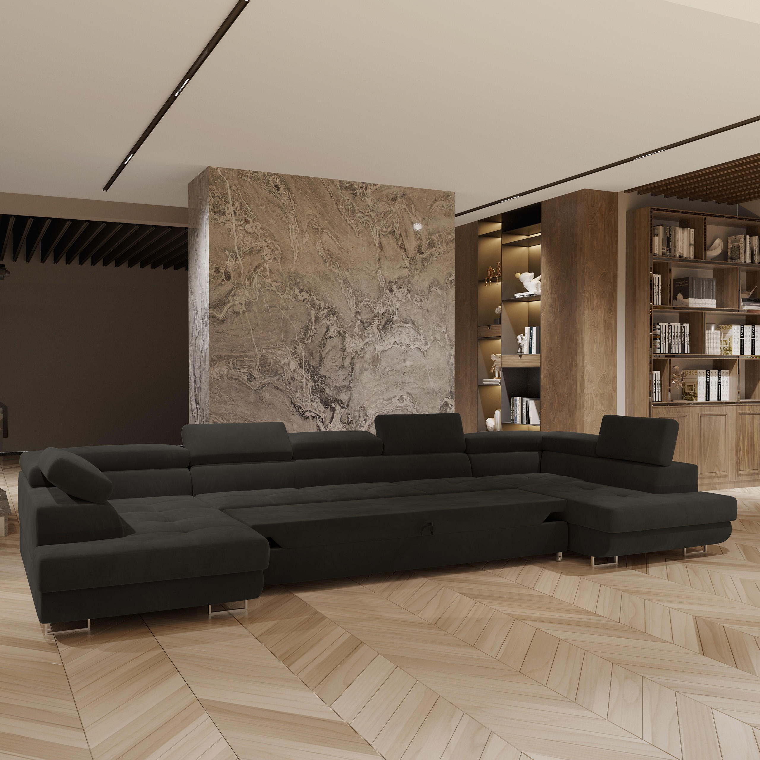 Thumbnail - Masseno Wohnlandschaft, Schwarz, Holz, 7-Sitzer, U-Form, 408x90x202 cm, Wohnzimmer, Sofas & Couches, Wohnlandschaften, W...