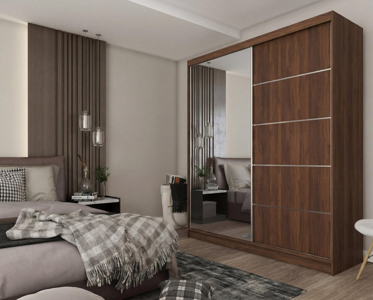 SCHWEBETÜRENSCHRANK MIRELLA 200/216/61 cm Modern Kleiderschrank 2-türig mit Spiegel Nussbaumfarben - Nussbaumfarben, Holzwerkstoff (200/216/61cm) - MASSENO