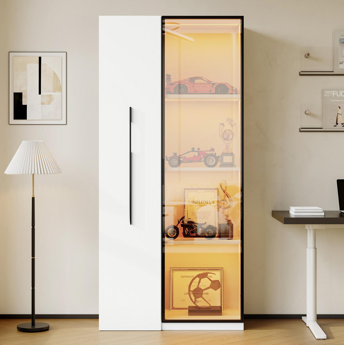 VITRINE aus MDF 70x40x160 cm Weiß mit LED-Beleuchtung, ausziehbarem Bücherregal und Rollen - Weiß, Holzwerkstoff (70/160/40cm) - IVMEU