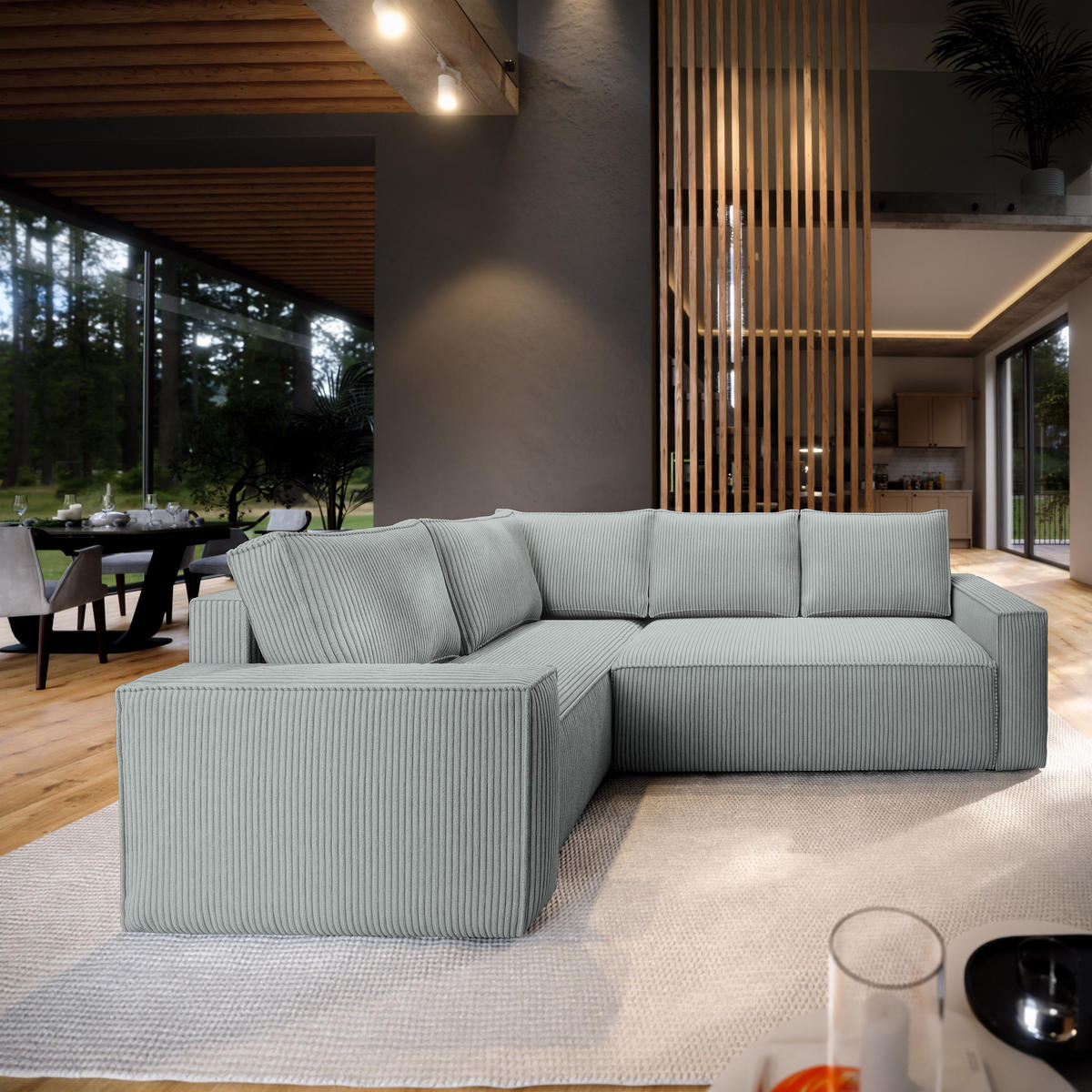 ECKSOFA ESTANO L-S Hellgrau Kordstoff mit Schlaffunktion - Hellgrau, Holz (230/158cm) - MASSENO