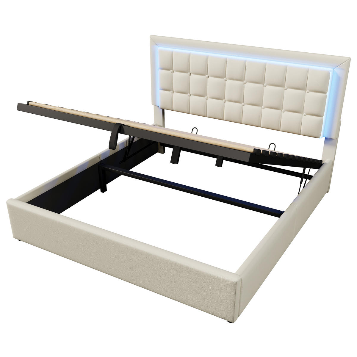 POLSTERBETT 160/200 cm mit LED-Beleuchtung, hydraulischem Stauraum und Lattenrost, Kunstleder, Weiß - Weiß, Kunststoff (160/200cm) - Redom