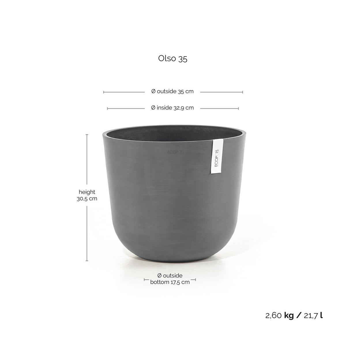 BLUMENTOPF Oslo 35/30,5 cm Grau - Grau, Kunststoff (35/30.5cm) - Ecopots