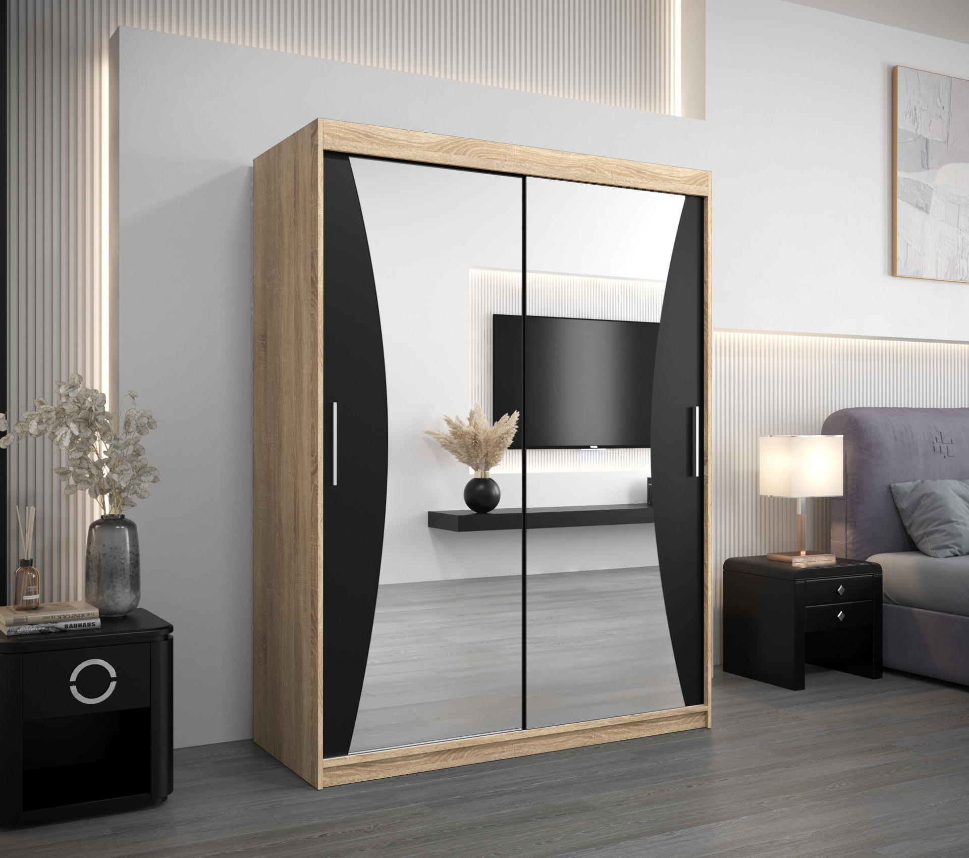 SCHWEBETÜRENSCHRANK 200/150/62 2-türig - Silberfarben/Schwarz, Holz/Kunststoff (150/200/62cm) - Abiks Möbel