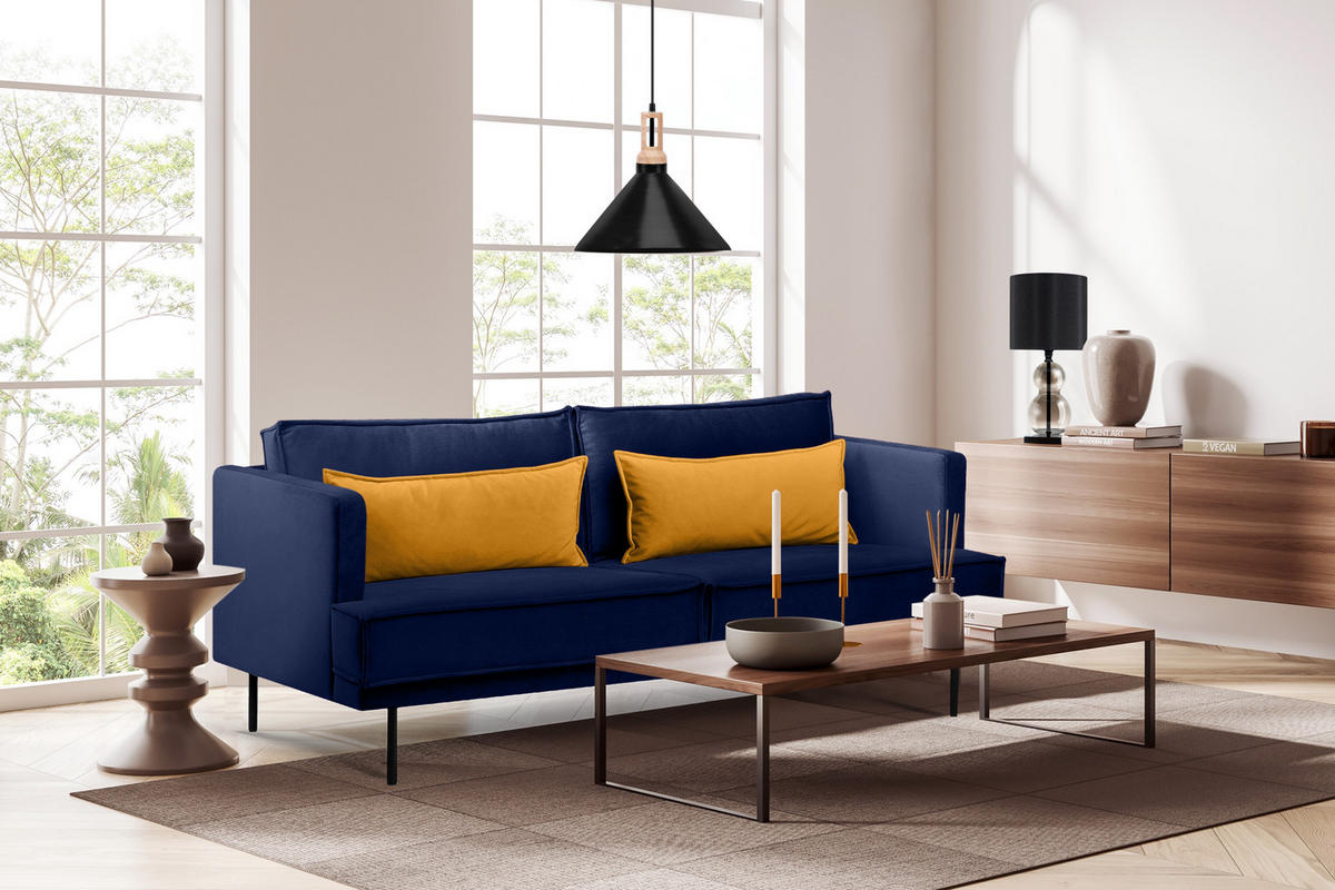 3-SITZER-SOFA GANZO 2 Kissen inklusive, Velours-Stoff, blau - Blau/Schwarz, Textil/Metall (193/84/92cm) - KONSIMO®