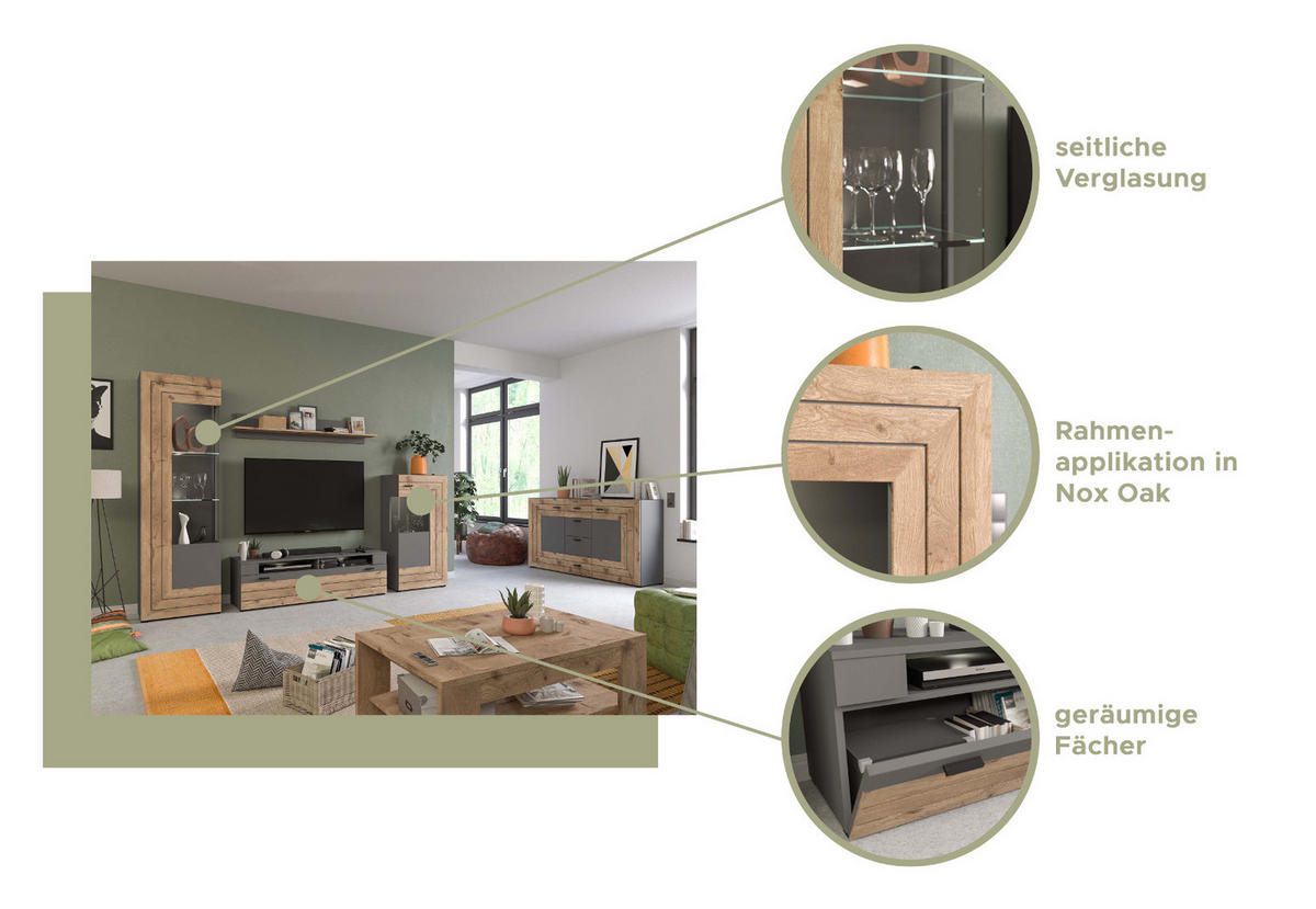 TV-LOWBOARD Eiche, grau matt 140 cm, TV Unterteil mit 4 Fächern - Eichefarben/Dunkelgrau, Holzwerkstoff/Kunststoff (140/43/40cm) - Inn.Furn