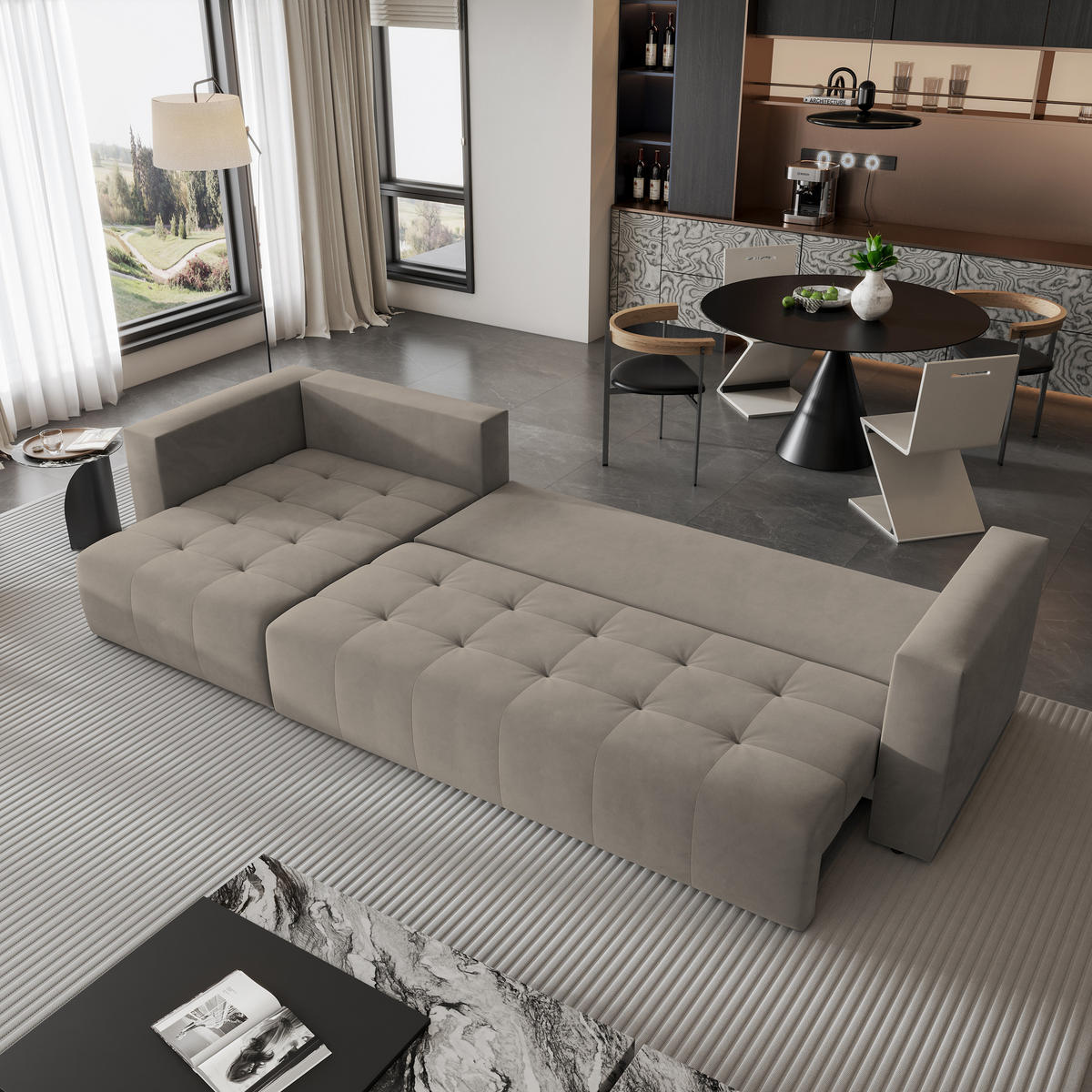 ECKSOFA OLVERA Beige Plüsch-Stoff mit Schlaffunktion - Beige, Holz (347/148cm) - MASSENO