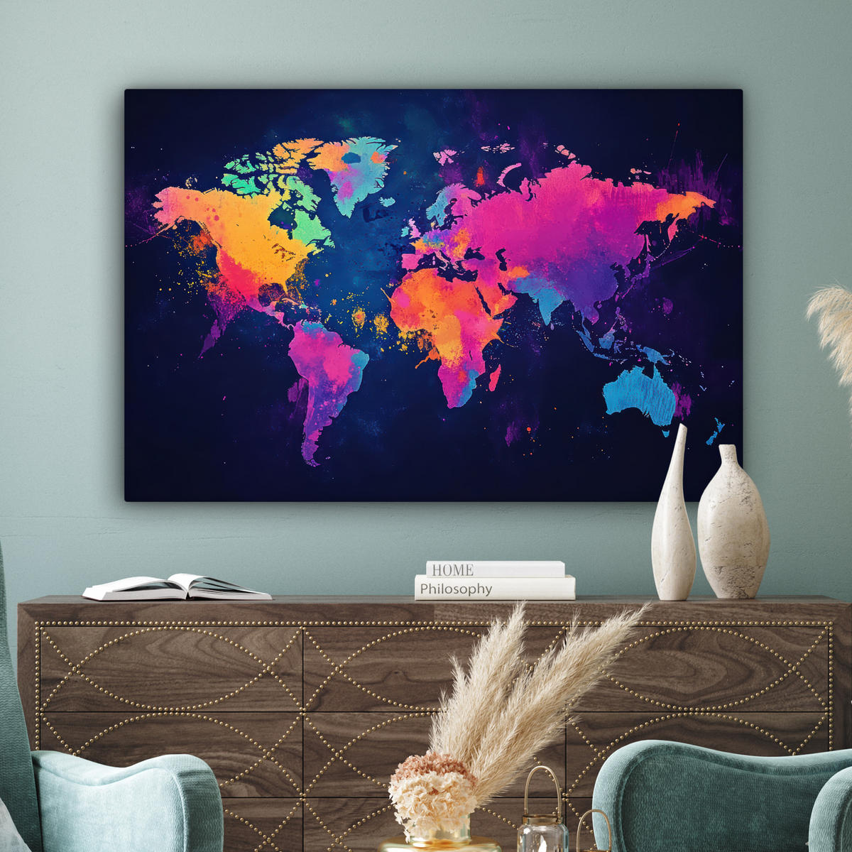 LEINWANDBILD Weltkarte - Bunt - Graffiti Wohnzimmer Groß 120x80 cm - Multicolor, Textil (120/80cm) - MuchoWow