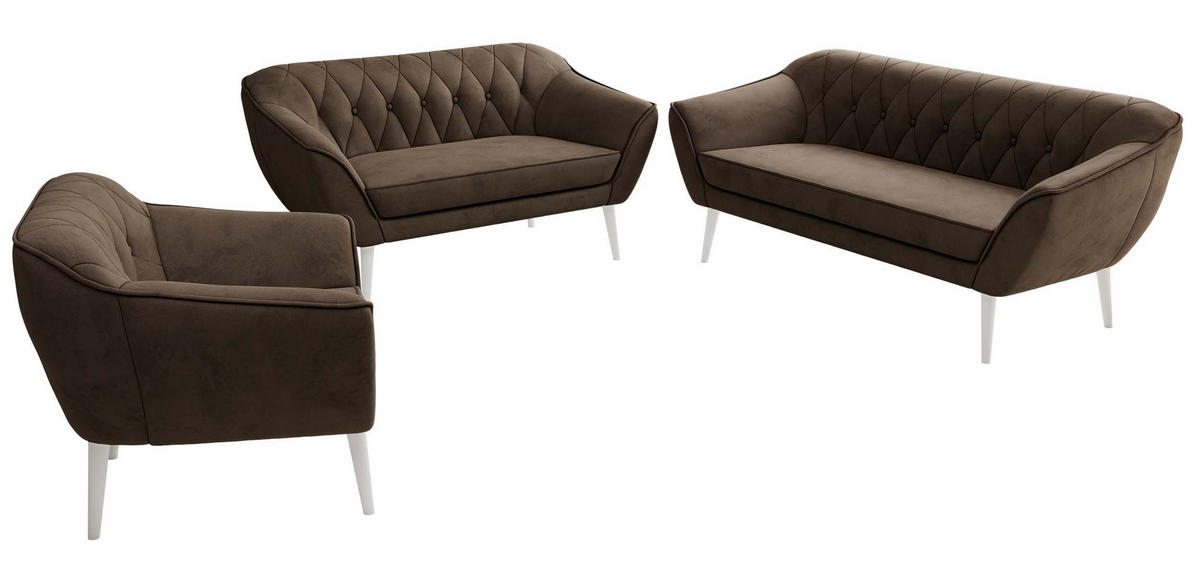 SITZGARNITUR PIRS 3+2+1 - Braun Velvet - Weiße Beine - Dunkelbraun/Braun, Holzwerkstoff/Textil (180/75/74cm) - MKS