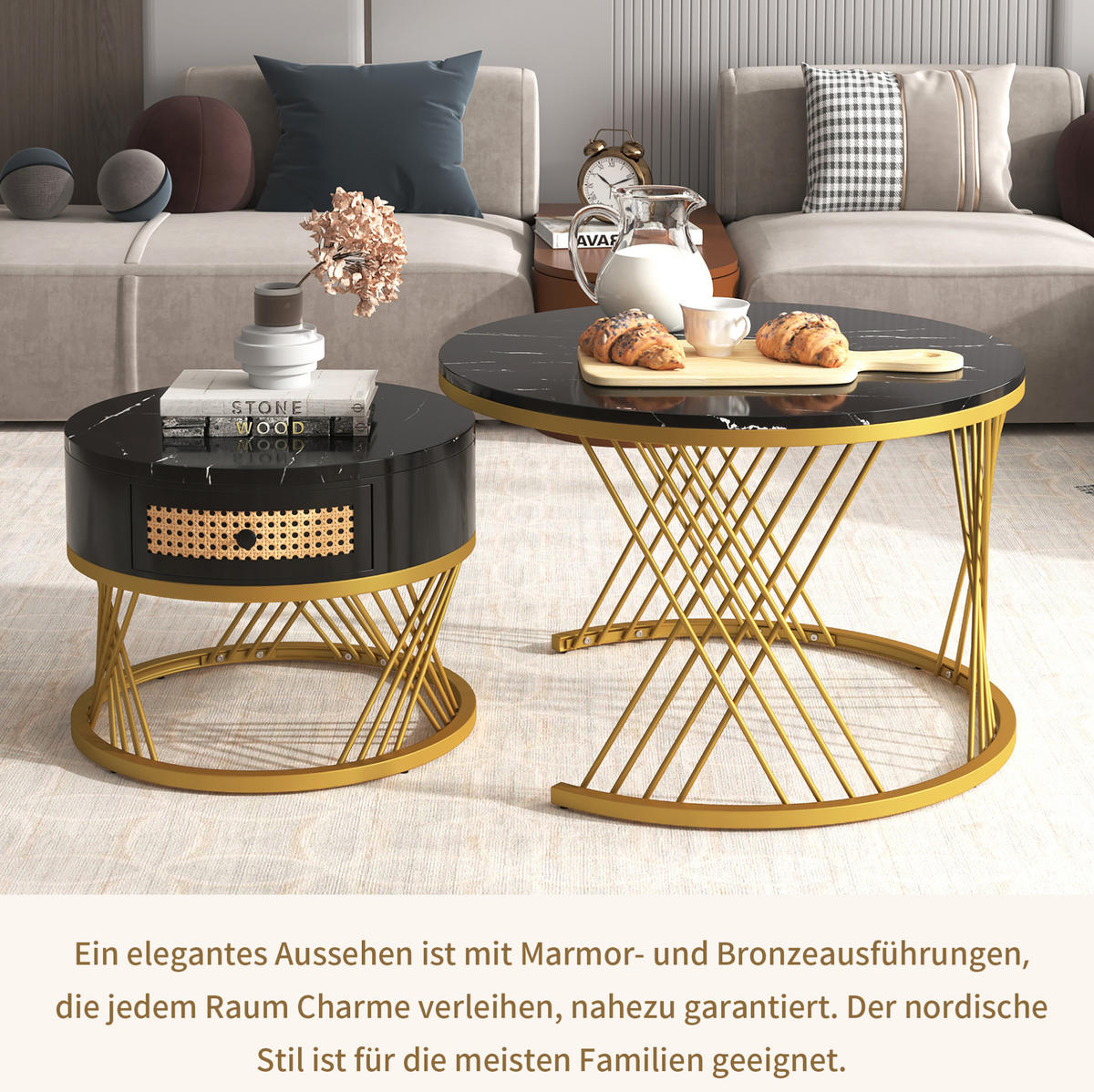 COUCHTISCH aus MDF 70x70x45,5 & 50x50x38,5 cm in Schwarz mit Schublade - Schwarz, Holzwerkstoff (70/70/45.5cm) - Modfu