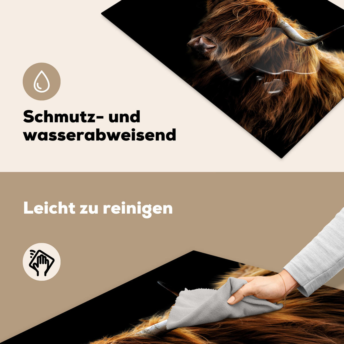 HERDABDECKPLATTE Schottischer Highlander - Hörner - Schwarz - Tiere - Natur - Wild - Kuh Ceranfeldabdeckung 78x52 cm - Cognac, Kunststoff (78/52/0.2cm) - MuchoWow