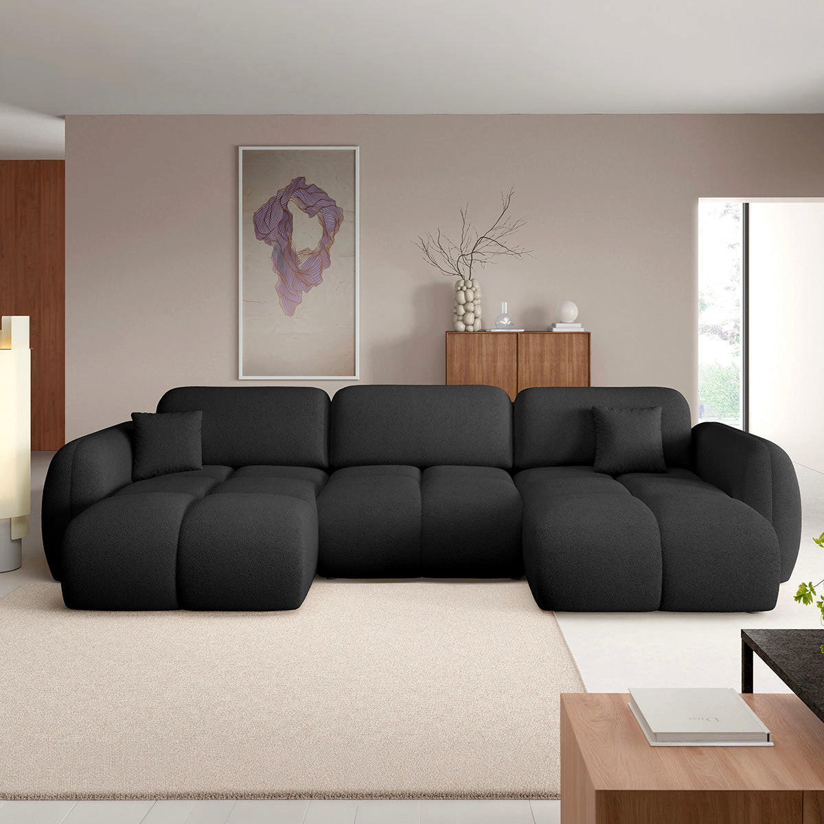 PANORAMASOFA Livio 4 Sitzplätze Schwarz - Schwarz, Holz (370/95/165cm) - Petits-meubles