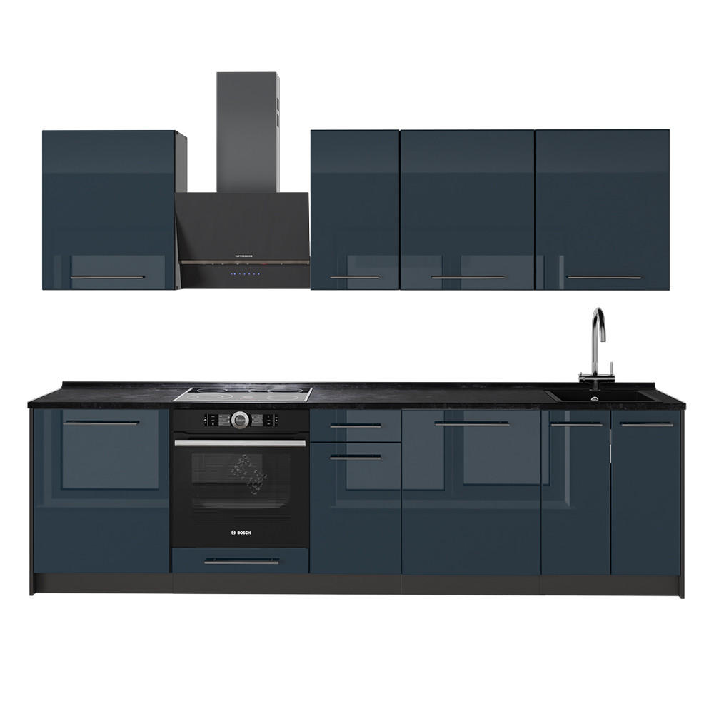 KÜCHENZEILE Fame-Line, Dunkelblau Hochglanz/Anthrazit, 280 cm ohne Arbeitsplatte - Anthrazit/Dunkelblau, Holzwerkstoff (280/82/51.6cm) - Vicco