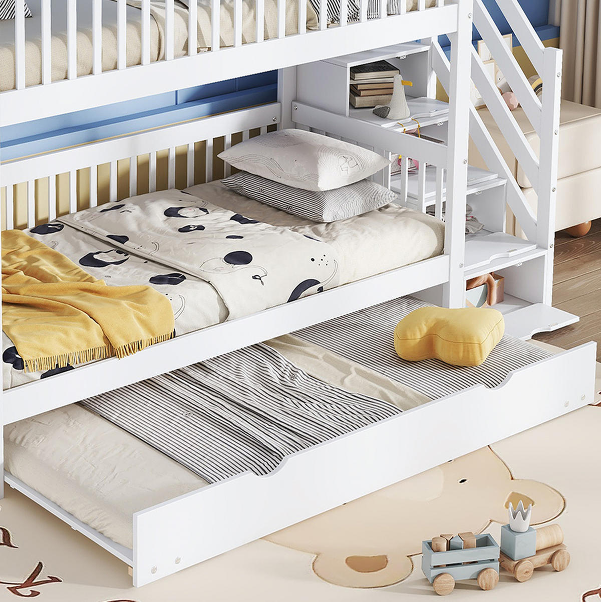 ETAGENBETT 90/200 cm mit Rollbett und Leiterschrank in Weiß - Weiß, Holz (90/200cm) - BEAOK