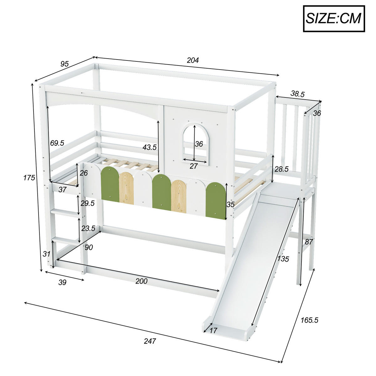 ETAGENBETT Modell Hausfenster Mehrfarbig - Weiß, Holz (90/200cm) - ComfortXL