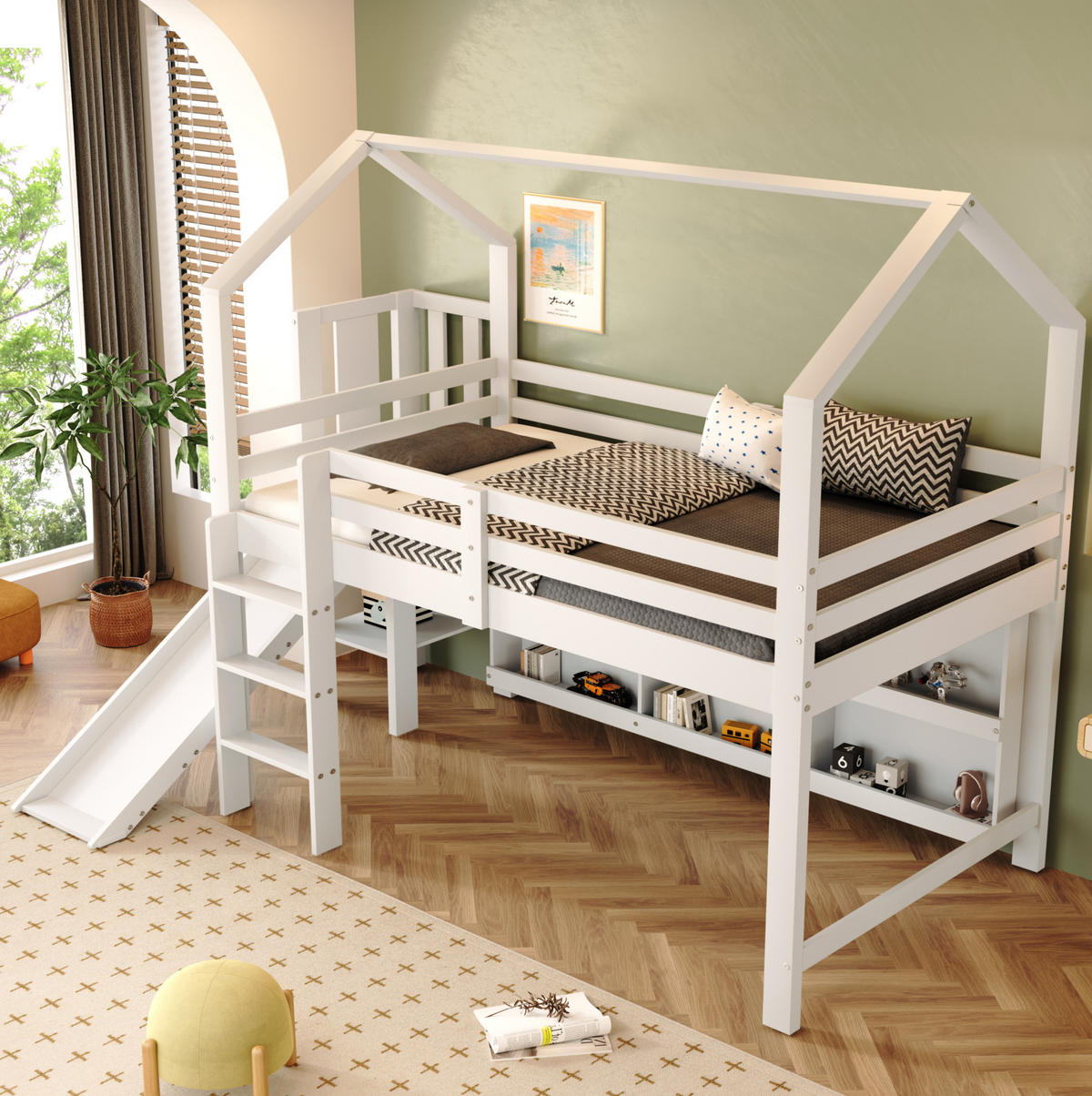 KINDERBETT 90/200 cm Weiß mit Rutsche und Stauraum aus Massivholz - Weiß, Holzwerkstoff (90/200cm) - Flora Grace