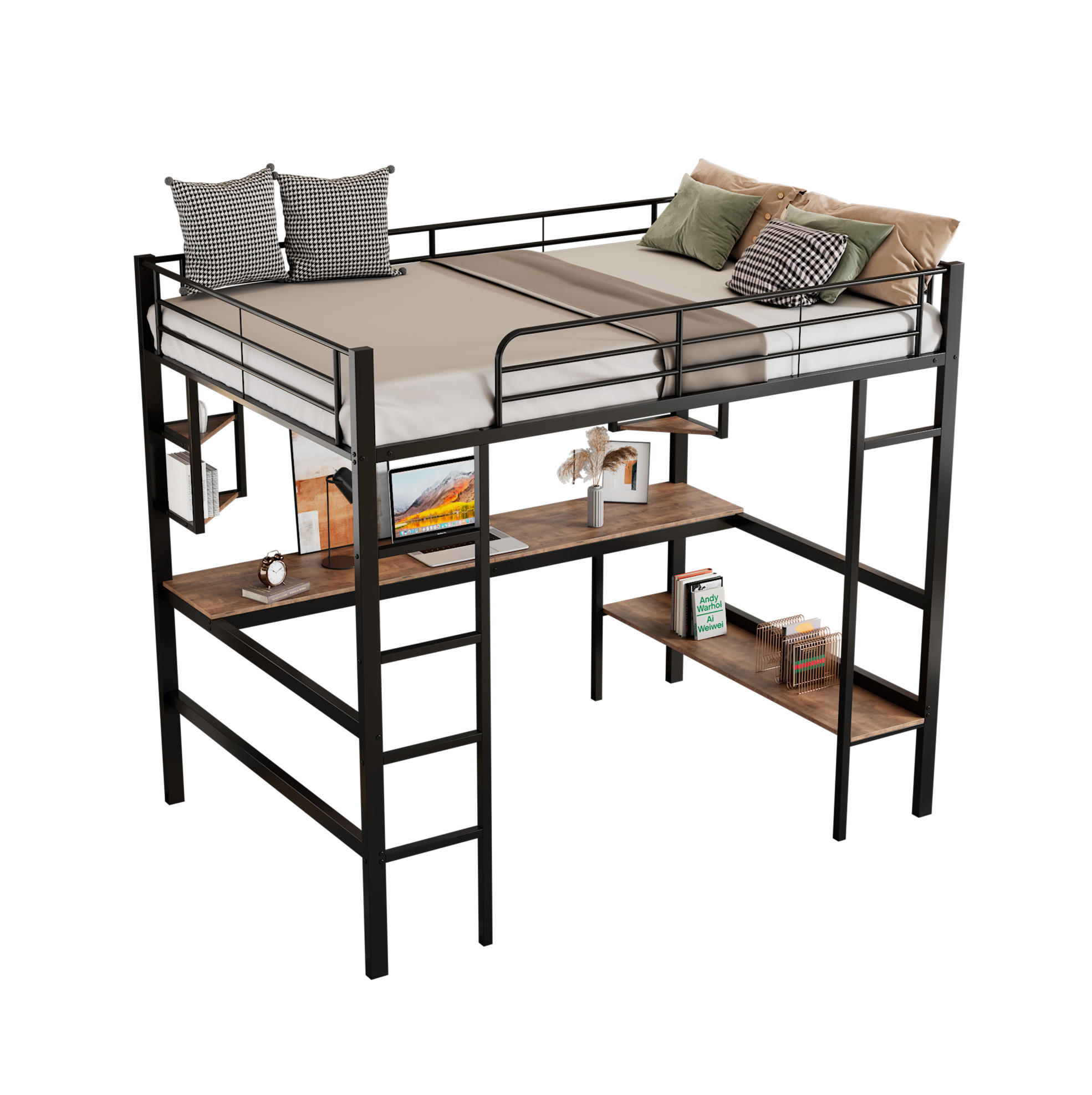 HOCHBETT mit Schreibtisch 90/200 cm in Schwarz – mit Regal und Rausfallschutz - Schwarz, Metall (90/200cm) - BEAOK