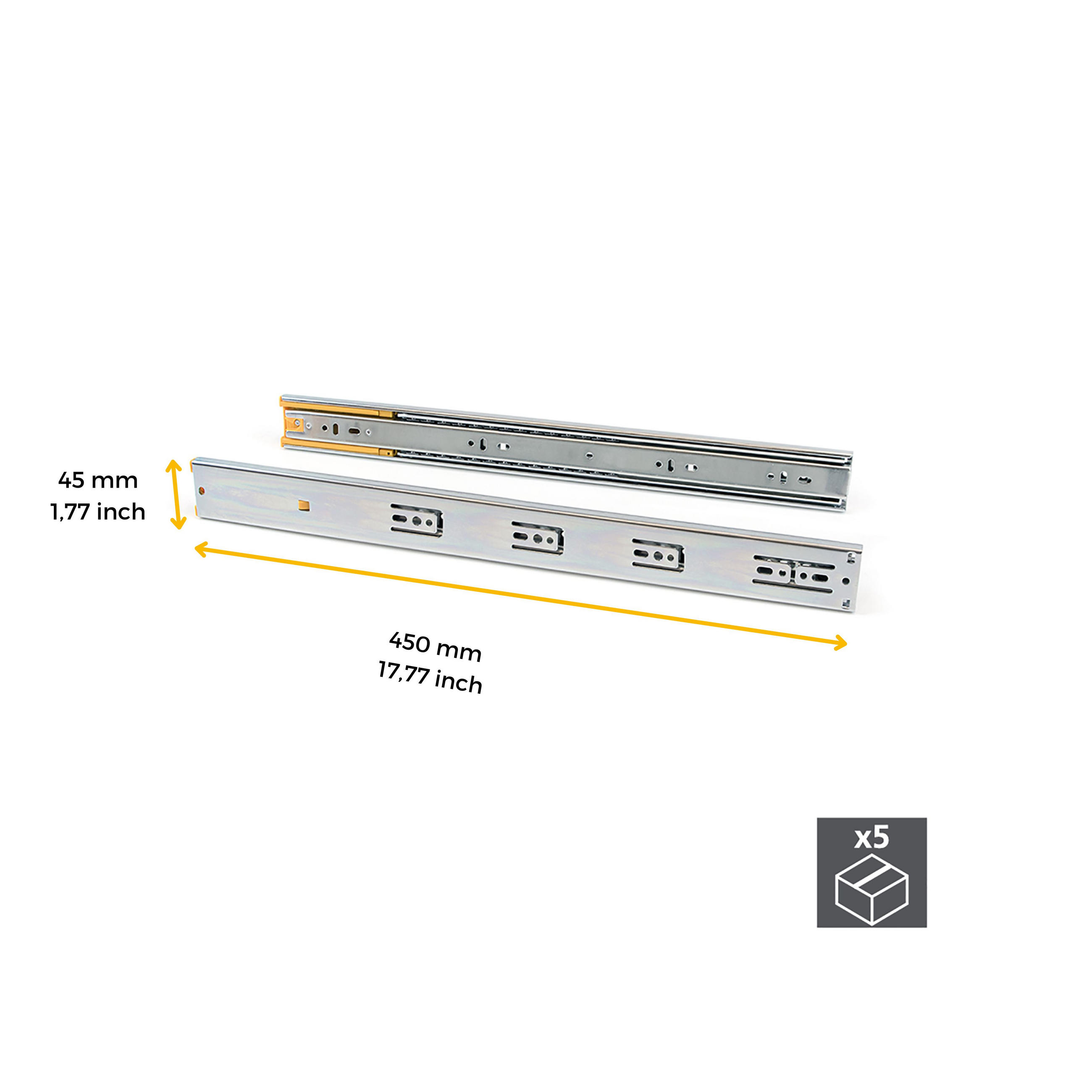 KUGELFÜHRUNGEN Höhe 45mm, Tiefe 450mm, Vollauszug, mit Schließautomatik, Verzinkt 5er-set - Zinkfarben, Metall (1.27/5/45cm) - EMUCA