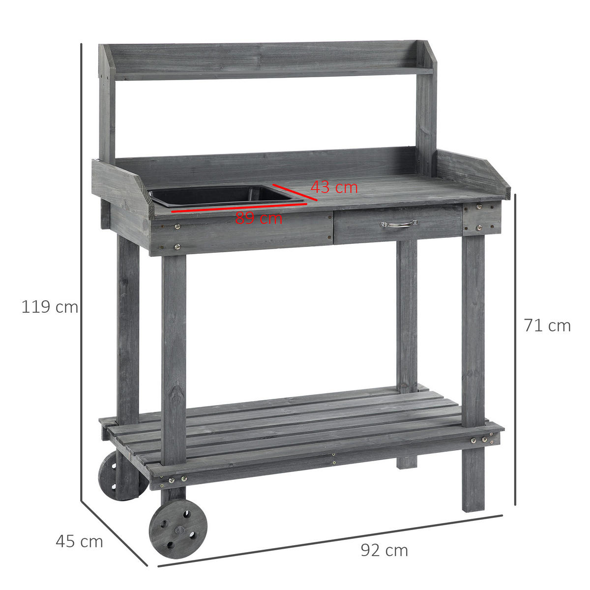 PFLANZTISCH mit Schublade, Gärtnertisch mit Waschbecken und Rollen, Tannenholz, Grau - Grau, Holz (92/45/119cm) - Outsunny