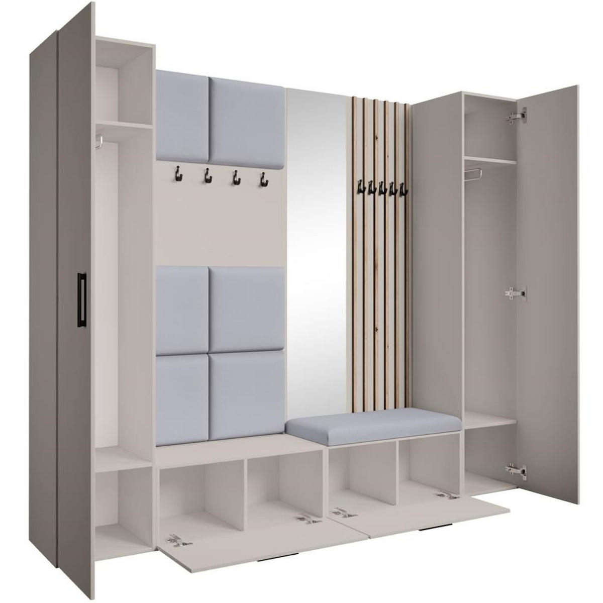 GARDEROBE Margaret XL 242/203/43 mit gepolsterten Paneelen/Lamellen/Spiegel - Kaschmir/Schwarz, Holzwerkstoff/Kunststoff (242/203/43cm) - Beautysofa