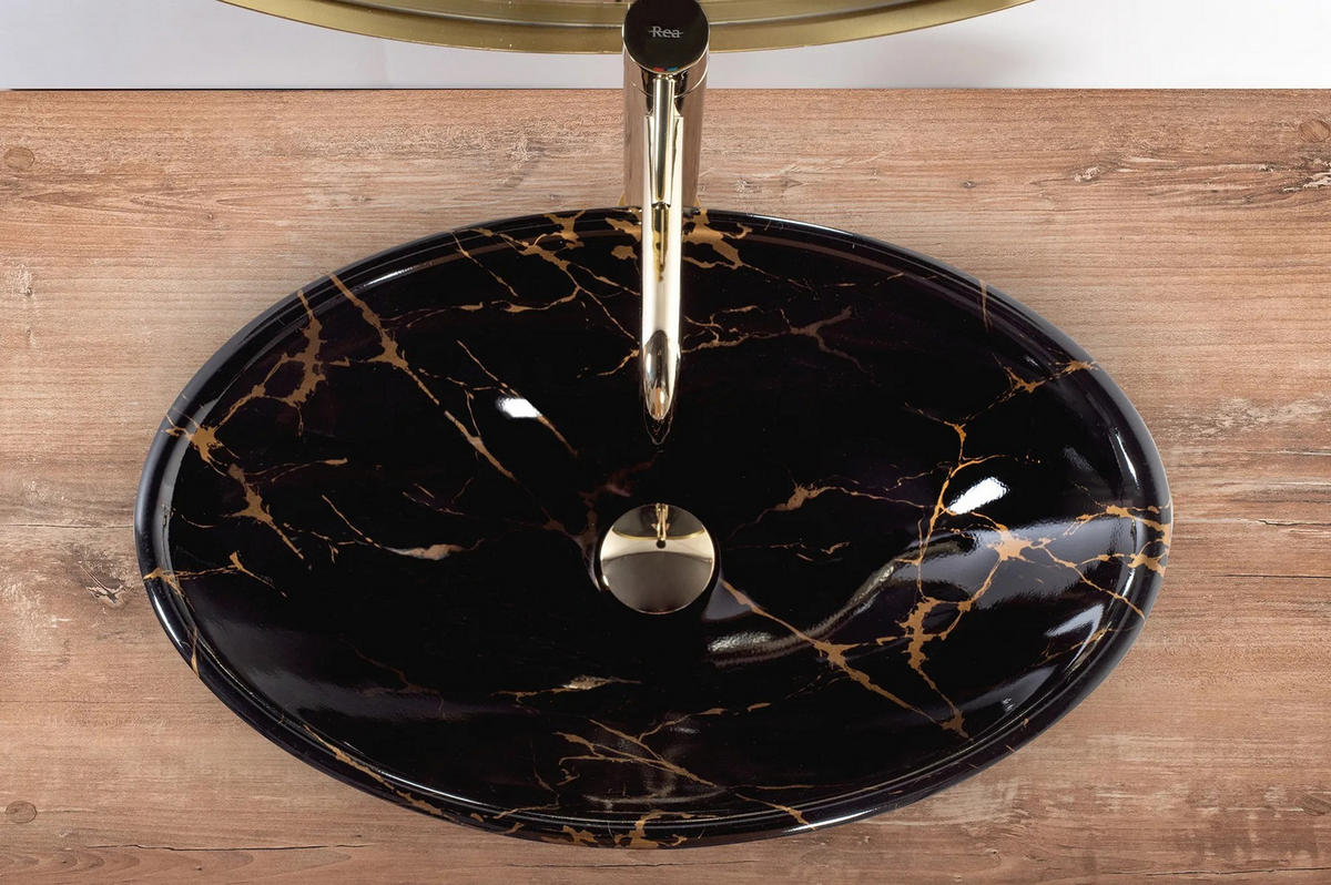 AUFSATZWASCHBECKEN Rea Pamela Black Marble Shiny - Schwarz, Keramik (33/15/53cm) - REA